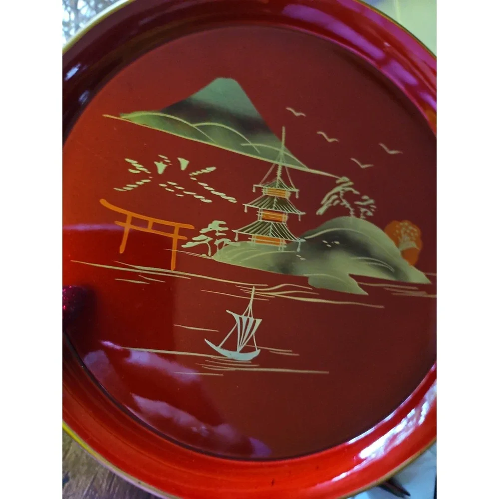 Japanese Aizu Lacquerware Sake Cups Tray Set MT FUJI Red Lacquer Gold Gilt‎ VTG